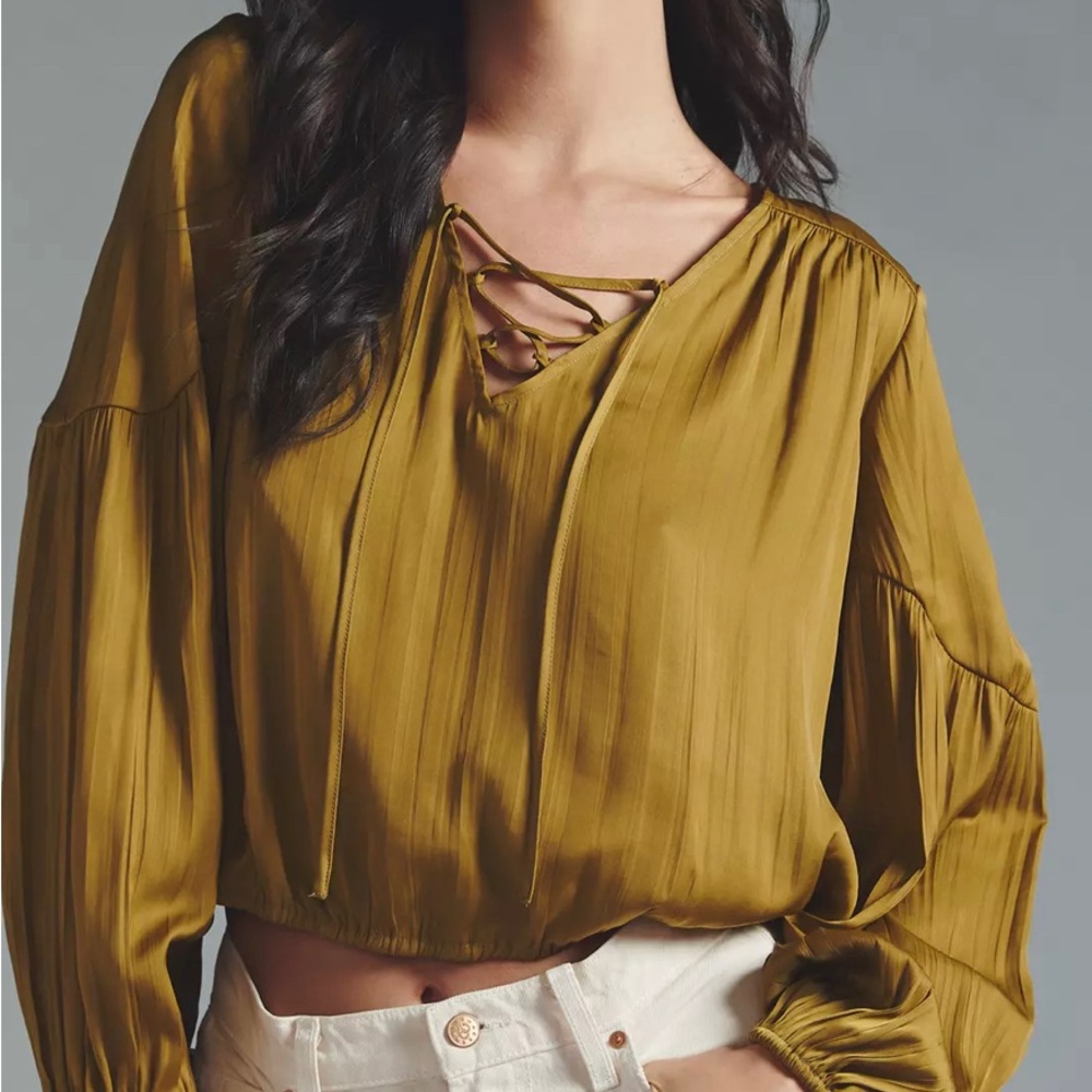 Anthropologie Green Bishop Sleeve Crop Blouse